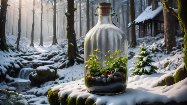 ein Flaschengarten im Winter-Setting